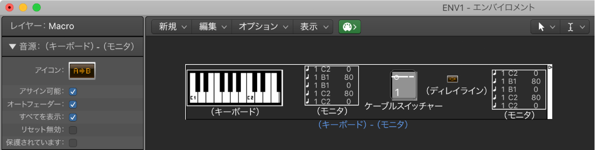 図。マクロオブジェクトとそのインスペクタが表示された「エンバイロメント」ウインドウ。