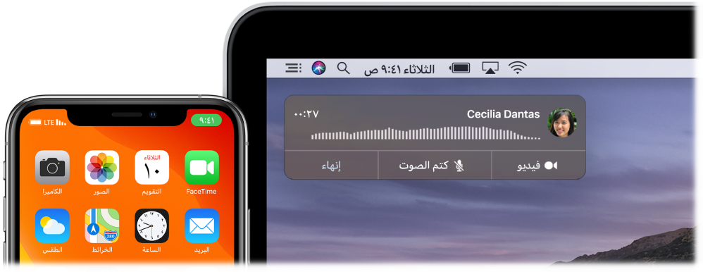 شاشة Mac تعرض نافذة إشعار المكالمة في الزاوية العلوية اليسرى، وiPhone يعرض أن مكالمة ما قيد التقدم من خلال الـ Mac.