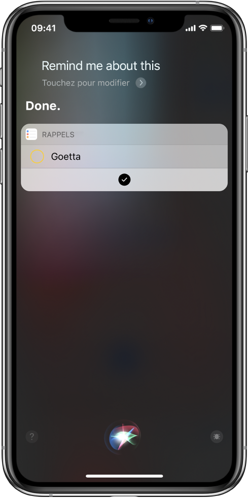 Écran Siri présentant l’ajout d’un raccourci à vos rappels.