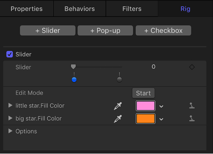 Inspector showing Rig controls