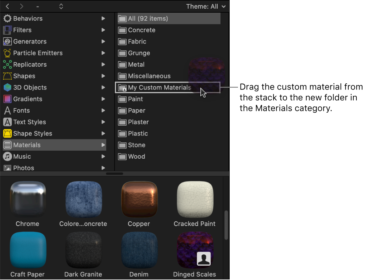 A custom material being dragged to a new folder in the Materials Library