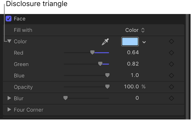 Controles de color expandidos en el inspector