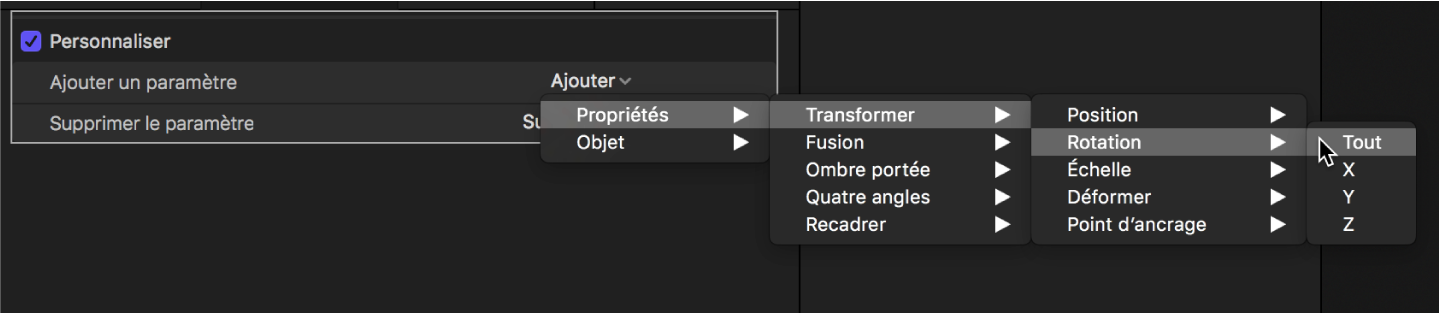Inspecteur de comportements affichant un paramètre ajouté au comportement Personnaliser depuis le sous-menu Propriétés > Transformer > Position