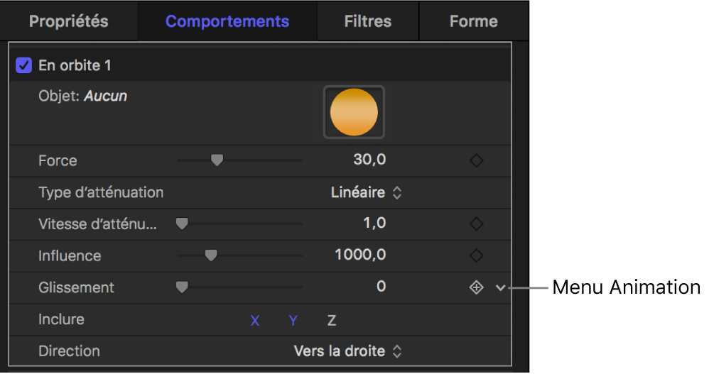 Icône du menu Animation dans l’inspecteur