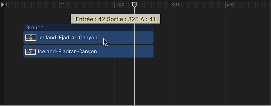 Timeline affichant un objet déplacé dans le temps