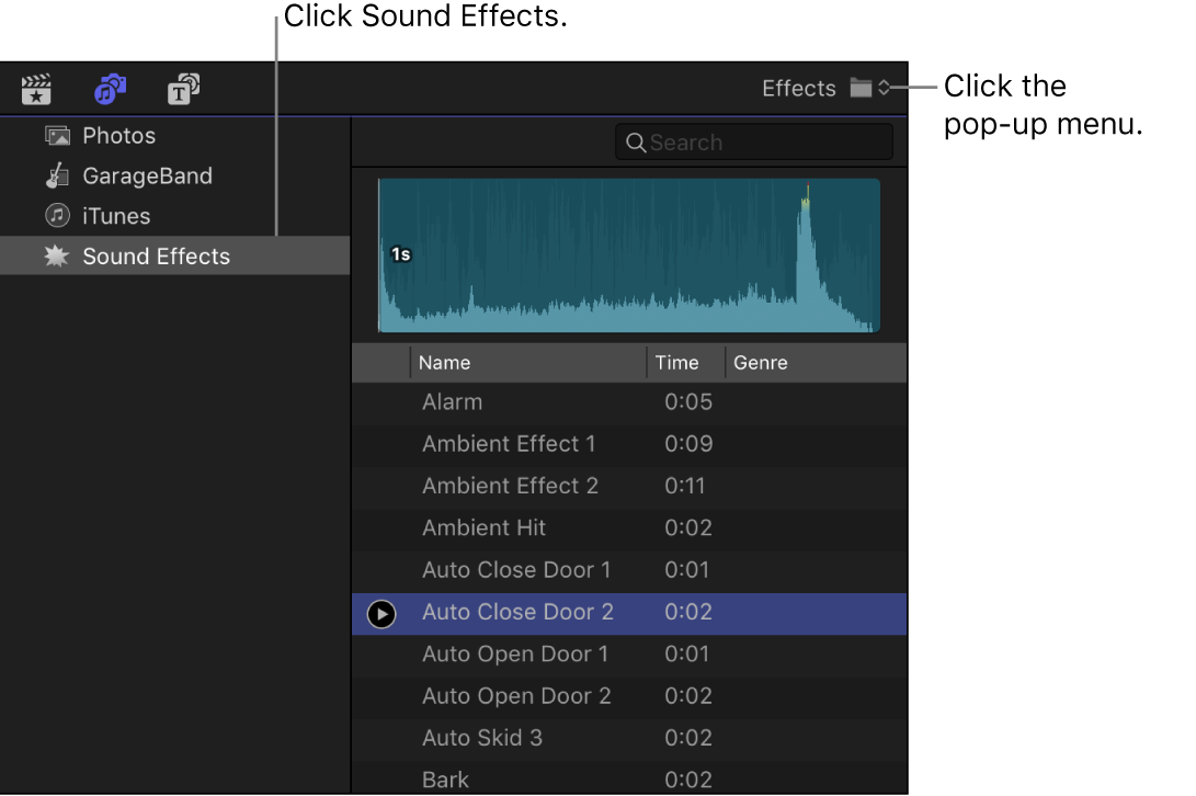 Die Seitenleiste „Fotos und Audio“ mit ausgewählter Kategorie für Toneffekte und die Übersicht mit einer Liste von Toneffektclips