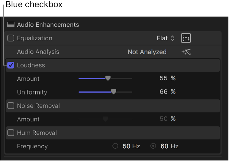 The Audio inspector showing the checkbox for turning an enhancement on or off