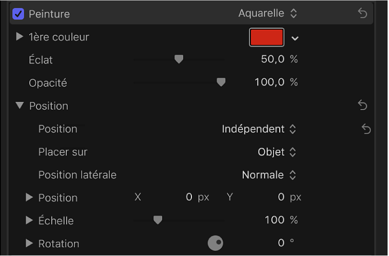 Options de placement dans la section Matériau de l’inspecteur de texte