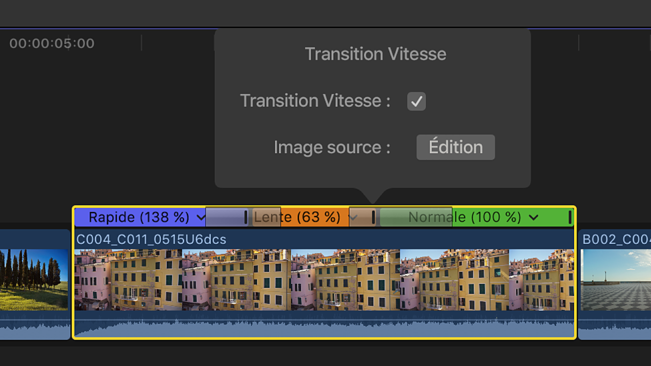 La timeline montrant la fenêtre Transition Vitesse au-dessus d’une transition entre des segments de vitesse