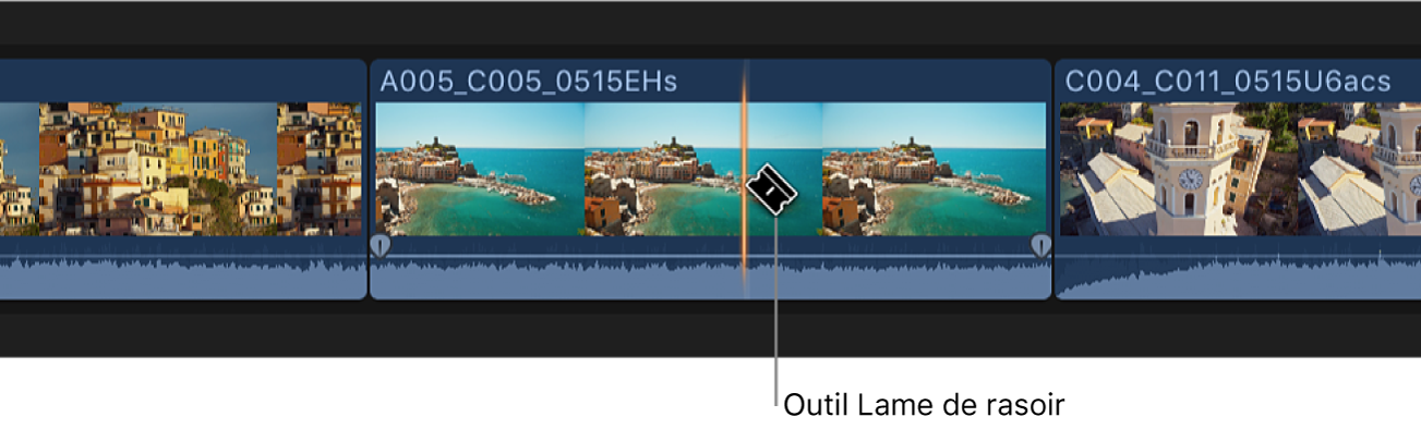 Coupe d’un plan dans la timeline à l’aide de l’outil Lame de rasoir