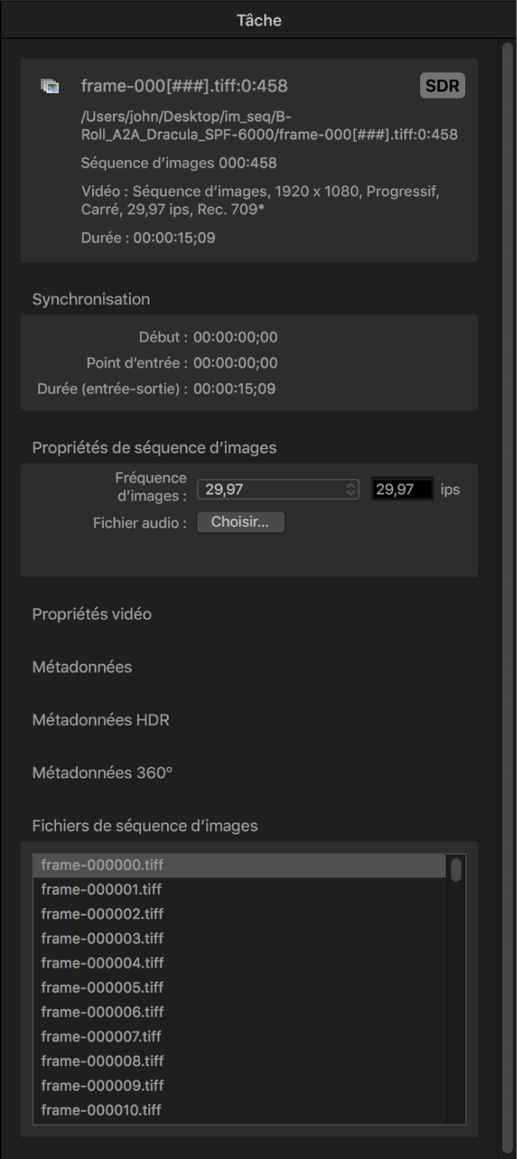 Inspecteur de tâche affichant les propriétés pour une séquence d’images