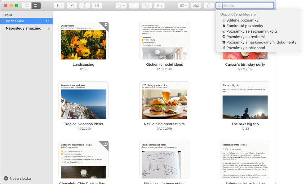 Poznámky v zobrazení galerie – obsah každé poznámky se zobrazuje jako miniatura. V pravém horním rohu jsou zobrazena doporučená hledání, například zamknuté poznámky nebo poznámky s přílohami.