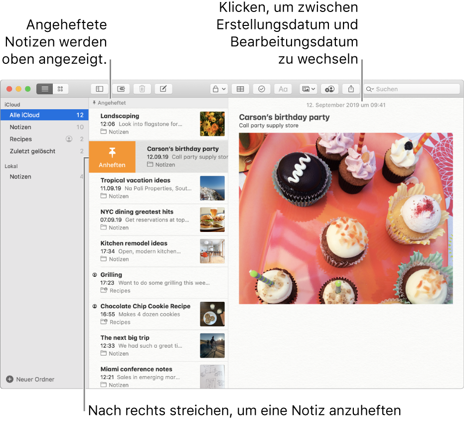 Das Fenster „Notizen“ mit der Liste der Notizen in der Mitte, angehefteten Notizen oben in der Liste und der Stecknadel-Taste auf einer Notiz. Der Inhalt der Notiz wird rechts mit dem Datum oben angezeigt. Durch Klicken auf das Datum kann zwischen Erstellungs- und Bearbeitungsdatum gewechselt werden.