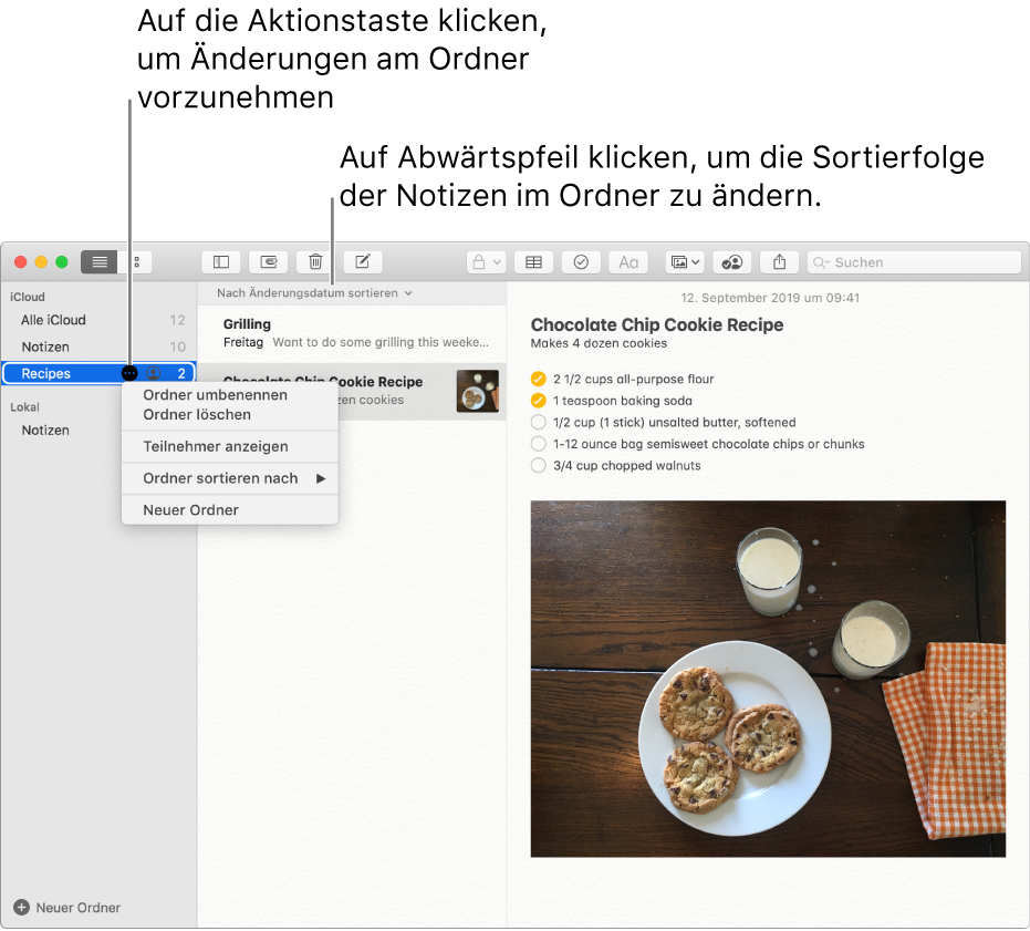 Das Fenster der App „Notizen“ mit nur einem Ordner in der Seitenleiste und der Taste „Mehr“, über die du Änderungen an einem Ordner vornehmen kannst. Über der Liste der Notizen in der Mitte ist die Option „Sortieren“ zu sehen, mit der die Reihenfolge der Notizen geändert werden kann. Klicke auf den Abwärtspfeil, um eine andere Sortierfolge auszuwählen.