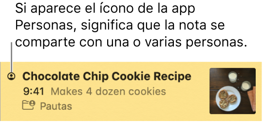 Una nota que ha tenido personas agregadas a la misma, con el ícono Personas a la izquierda del nombre de la nota.