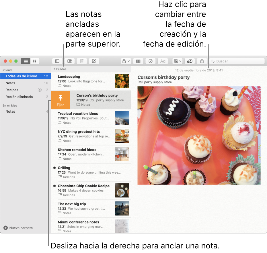 La ventana de Notas con la lista de notas en el centro, notas fijadas en la parte superior de la lista de notas y el botón Fijar en una nota. El contenido de dicha nota aparece a la derecha, con la fecha en la parte superior; haz clic en la fecha para cambiar entre la fecha de creación y la fecha de edición.