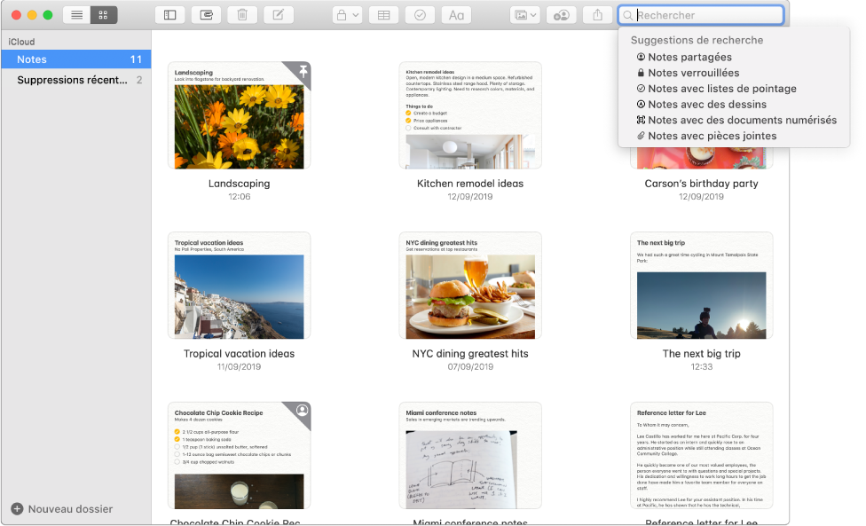 Notes en présentation par galerie, présentant le contenu de chaque note dans une vignette. Les suggestions de recherche s’affichent dans le coin supérieur droit, telles que les notes verrouillées et les notes avec pièces jointes.