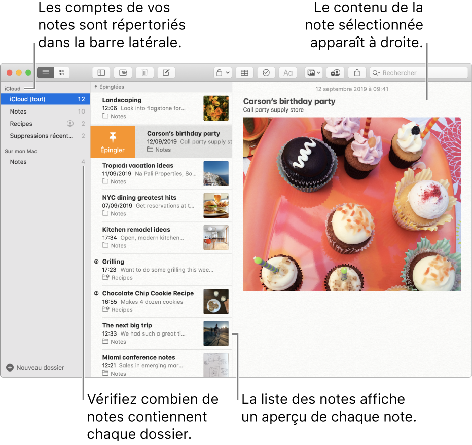 La fenêtre Notes avec tous vos comptes configurés et dossiers répertoriés dans la barre latérale sur la gauche, la liste des notes au milieu avec un aperçu de chaque note et le contenu de la note sélectionnée sur la droite. Le nombre de notes apparaît à côté de chaque dossier.