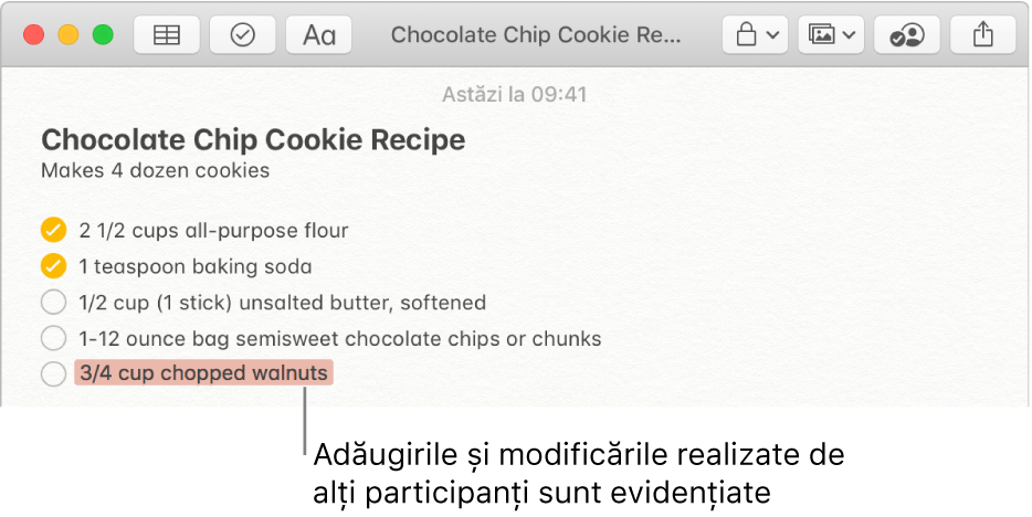 O notiță cu o rețetă de fursecuri cu ciocolată. Adăugirile făcute de alt participant sunt evidențiate cu roșu.