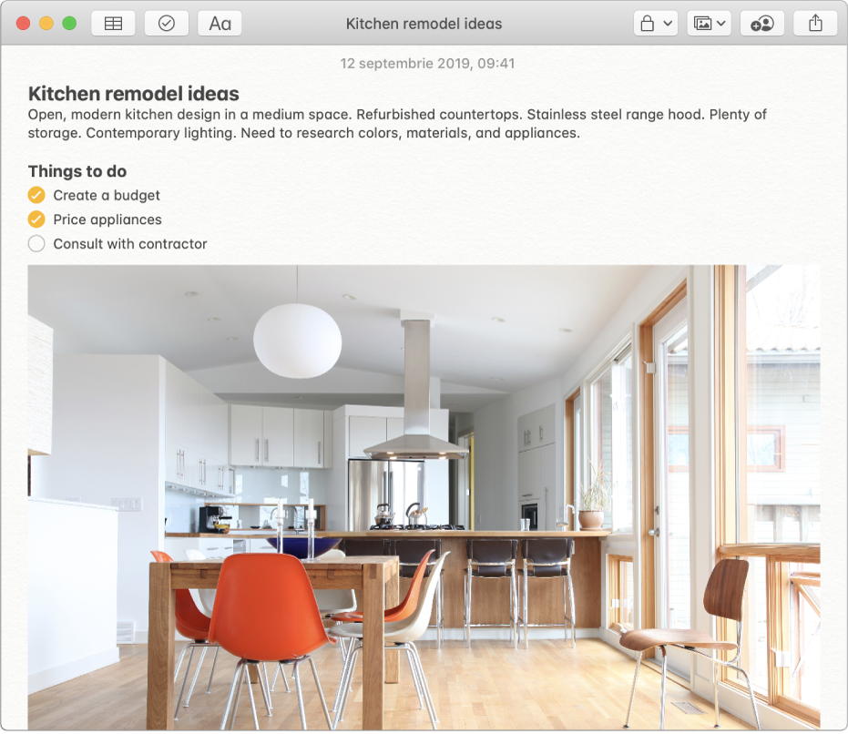 O notiță care include o descriere cu idei de renovat bucătăria, o listă de control cu lucruri de făcut și o poză cu o bucătărie.