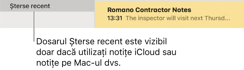 Fereastra Notițe cu dosarul Șterse recent în bara laterală și o notiță ștearsă recent. Puteți vedea dosarul Șterse recent doar dacă utilizați notițe iCloud sau notițele de pe Mac-ul dvs.