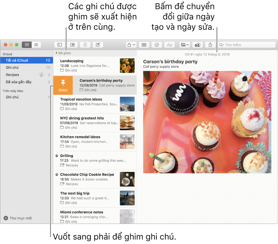 Cửa sổ Ghi chú với danh sách các ghi chú ở giữa, các ghi chú được ghim ở đầu danh sách ghi chú và nút Ghim trên một ghi chú. Nội dung của ghi chú đó sẽ xuất hiện ở bên phải với ngày ở trên cùng; bấm vào ngày để chuyển đổi giữa ngày tạo và ngày sửa.