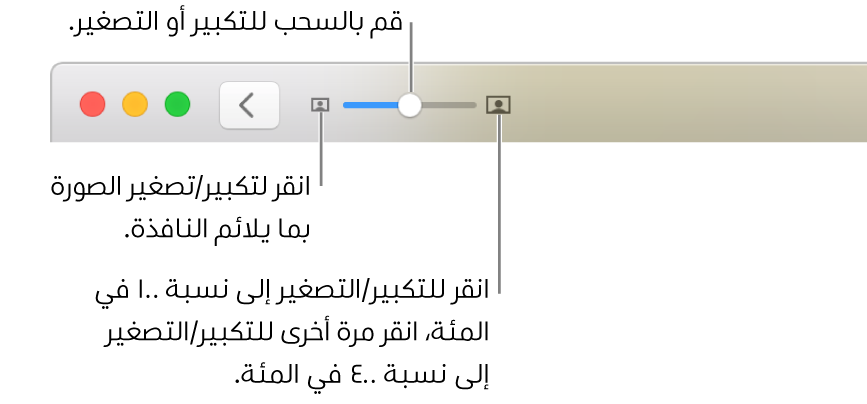 شريط الأدوت وتظهر عليه عناصر التحكم في التكبير/التصغير.