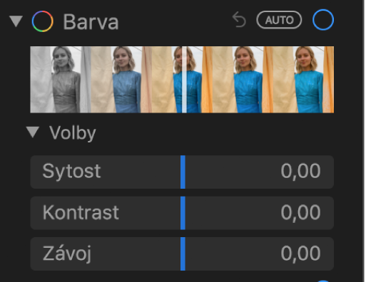 Oblast Barva na panelu Úpravy s jezdci pro nastavení parametrů Saturace, Kontrast a Závoj.