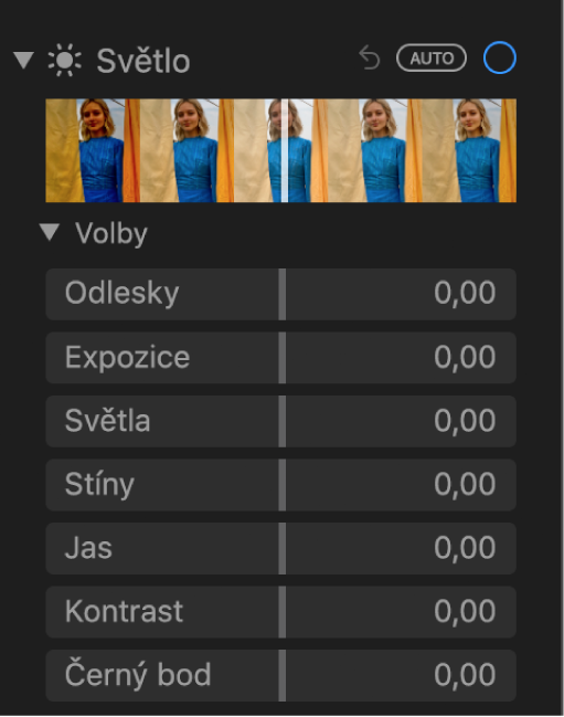 Oblast Světlo na panelu Úpravy s jezdci pro nastavení parametrů Odlesky, Expozice, Světla, Stíny, Jas, Kontrast a Černý bod.