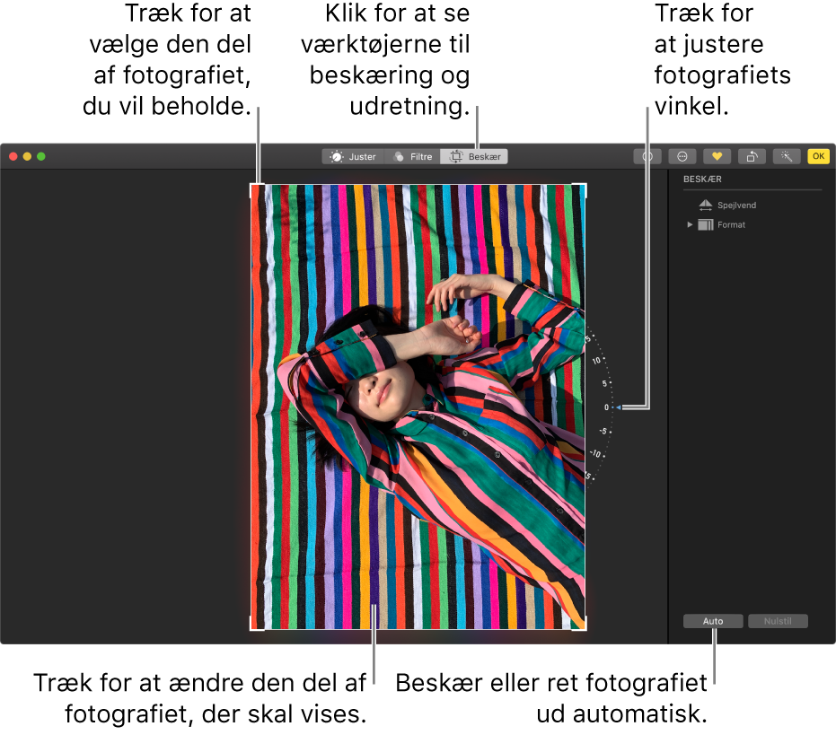 Et fotografi i redigeringsoversigt, der viser mulighederne for beskæring og udretning.