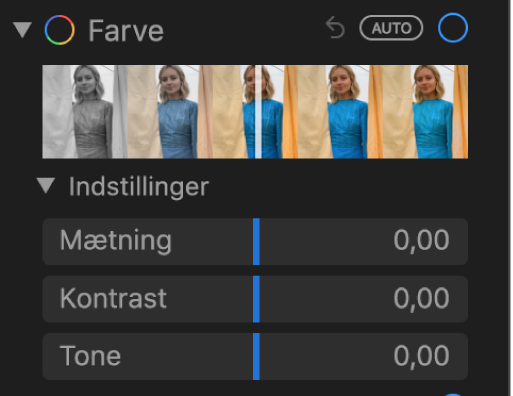 Området Farve i vinduet Juster med mærker til Mætning, Kontrast og Tone (farvestik).