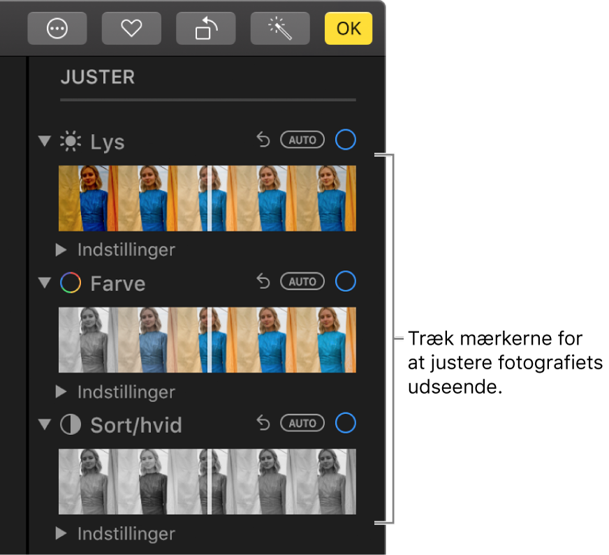 Mærkerne Lys, Farve og Sort/hvid i vinduet Juster. Knappen Auto vises over hvert mærke.