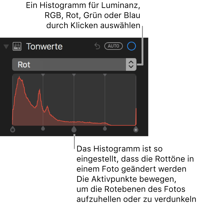 Die Tonwertsteuerungen und das Histogramm zum Ändern der Rottöne in einem Foto.