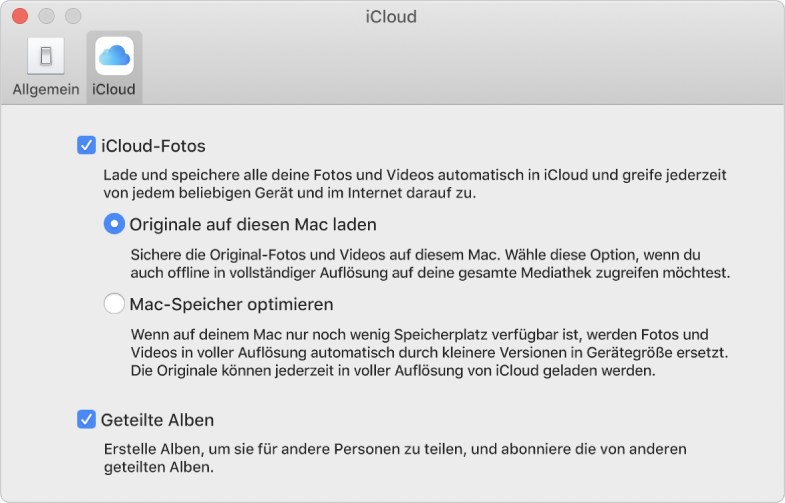 Bereich „iCloud“ der Einstellungen für die App „Fotos“.