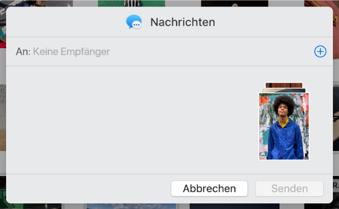 Fenster zum Hinzufügen von Empfängern beim Teilen von Fotos aus der App „Fotos“ mithilfe der App „Nachrichten“.