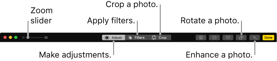 The Edit toolbar showing buttons for making adjustments, adding filters and cropping photos.