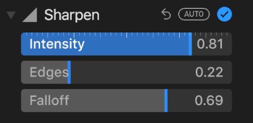 The Sharpen controls in the Adjust pane.