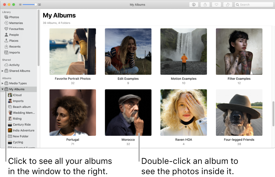 The Photos window with My Albums selected in the sidebar, and the albums you’ve created displayed in the window on the right.