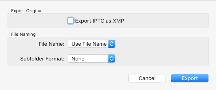 A dialogue showing options for exporting photo files in their original format.