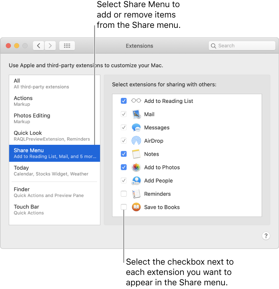 The Extensions pane of System Preferences, showing Share Menu selected and a list of third-party extensions on the right.