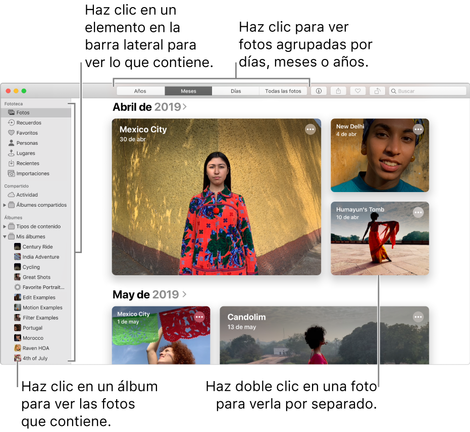 La ventana de Fotos mostrando fotos organizadas por mes.