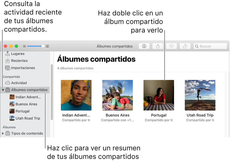 El panel de Álbumes compartidos de la ventana de Fotos mostrando álbumes compartidos.