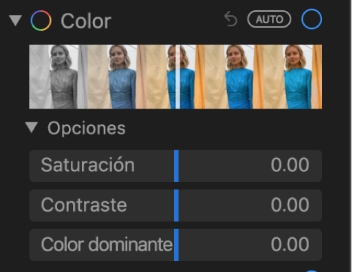 El área Color del panel Ajustar mostrando los reguladores de Saturación, Contraste y “Color dominante”.