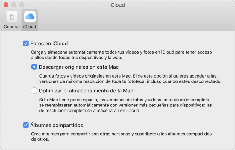 Panel iCloud de las preferencias de Fotos.