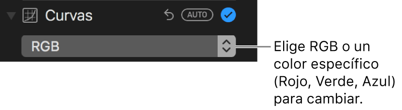 Los controles de Curvas mostrando RGB seleccionado en el menú desplegable.