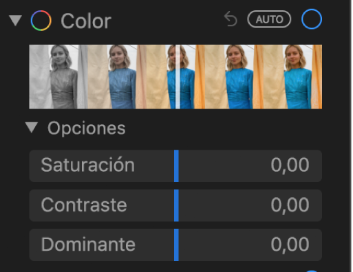 El área Color del panel Ajustar con reguladores para Saturación, Contraste y Dominante.