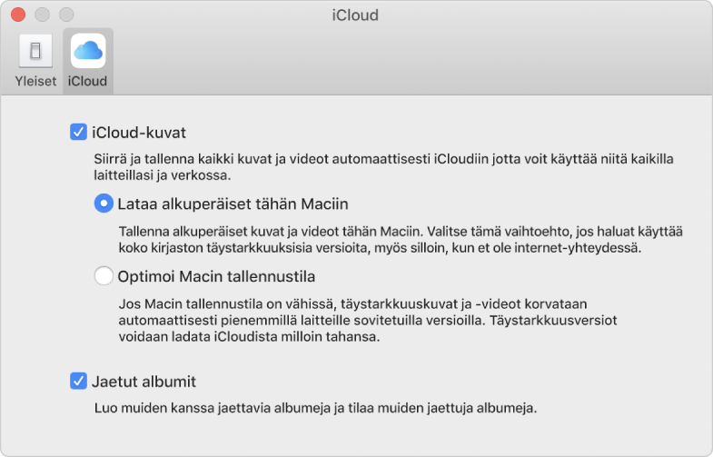 Kuvat-asetusten iCloud-osio.