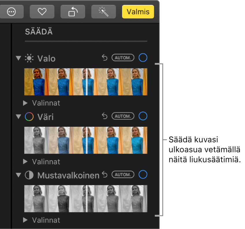 Valoisuus-, Väri- ja Mustavalkoinen-säätimet Säädöt-paneelissa. Kunkin liukusäätimen yläpuolella näkyy Automaattinen-painike.