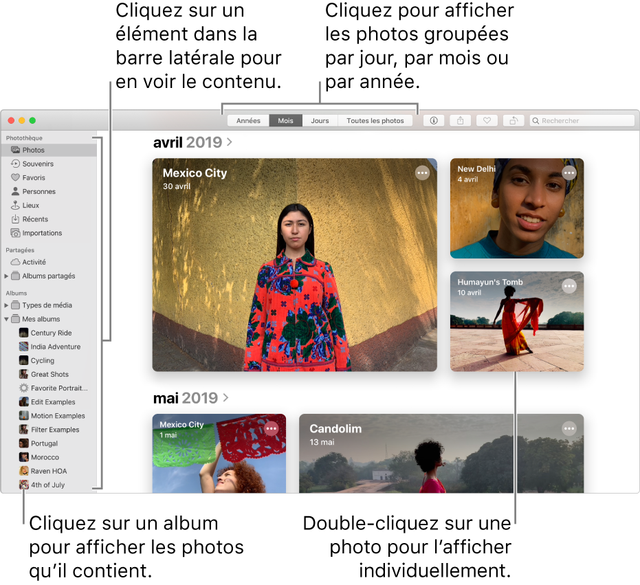 La fenêtre Photos présentant des photos organisées par mois.