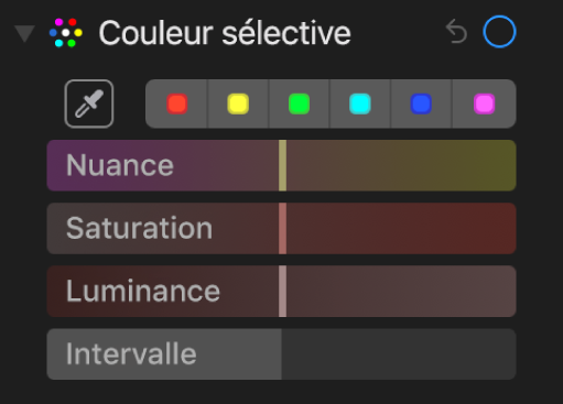 Les commandes de Couleur sélective présentant les curseurs Teinte, Saturation, Luminance et Plage.